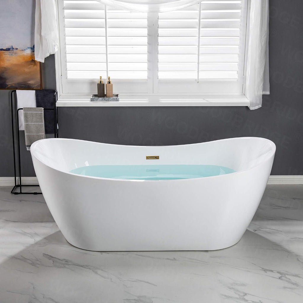 WOODBRIDGE 71'Freestanding White Acylic Soaking Bathtub with Brushed Gold Drain and Overflow,BTA1517 -BG-Drain &O