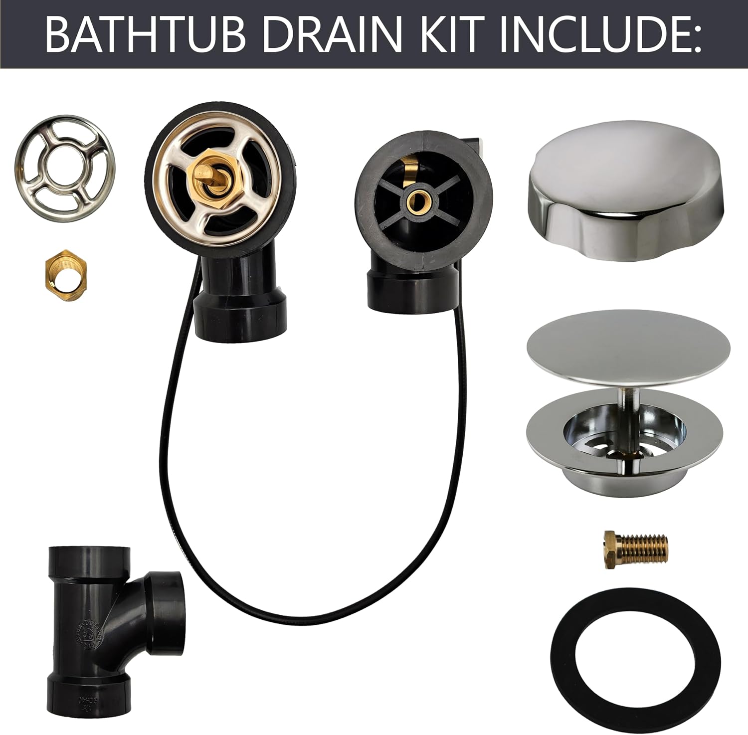 Westbrass A50A35-05 35' SCH. 40 ABS Cable Driven Bath Drain Trim Kit with Rotary Overflow Cover Knob and Pop-Up Stopper, Polished Nickel