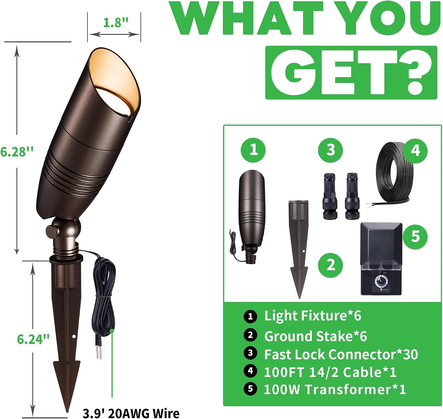 Landscape Light Kit, 6 Pack 3CCT Selectable Spot Light and 100W Low Voltage Transformer and 100FT Cable and 30 Wire Connectors, Aluminum ORB Waterproof LED Uplight for Garden Flag Wall