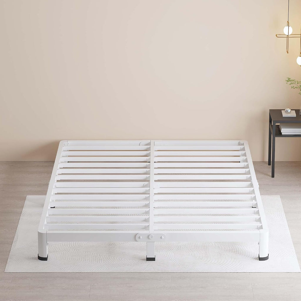 MAF 4 Inch Queen Metal Platform Bed Frame White with Round Corner Legs, Mattress Slide Stopper, 3000 LBS Heavy Duty Steel Slats Support, Noise Free, No Box Spring Needed, Easy Assembly