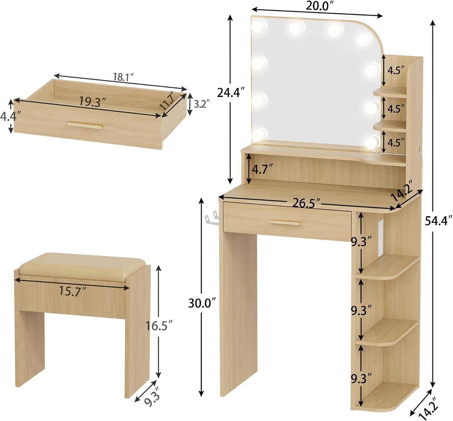 wanan Makeup Vanity with Chair, Small Vanity Desk with Mirror and Lights 3 Colors, Girls Vanity Set with Power Outlet, Compact Vanity Table for Small Space, Oak
