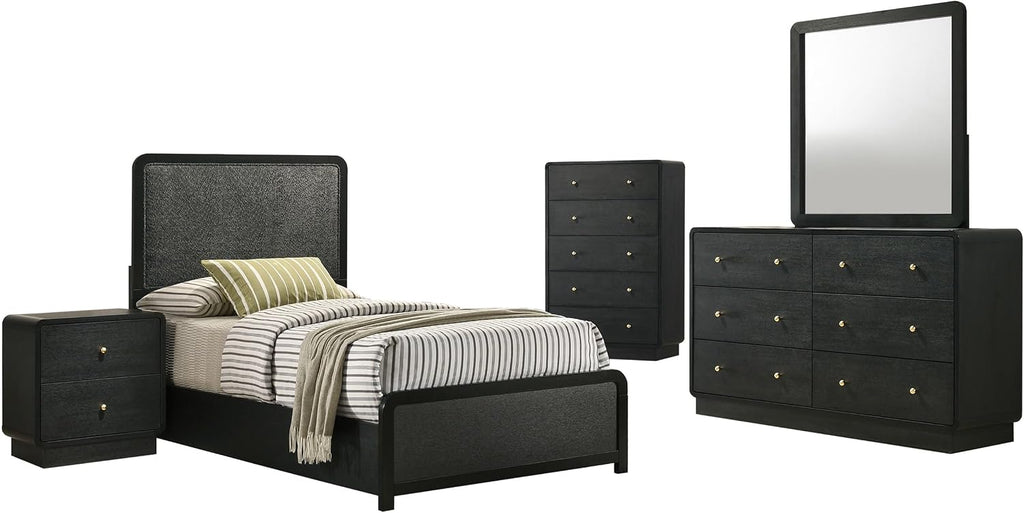 Coaster Home Furnishings - Cavelle - Wood - 5-Piece Bedroom Set with Panel Bed, Metal Knobs, and Upholstered Headboard - Bedroom - Twin Size - Black - 223661T-S5
