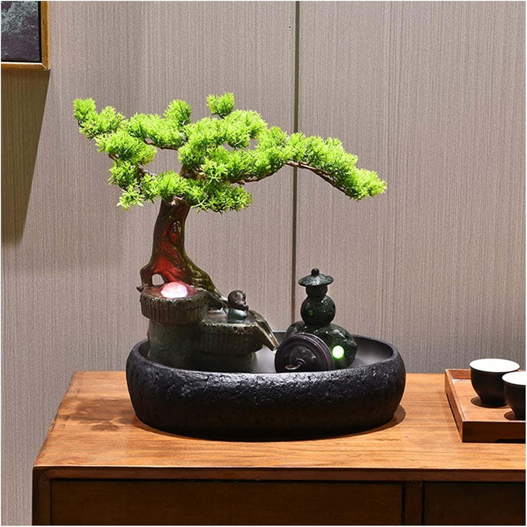 Desktop Fountain Ceramic Tabletop Fountain Artificial Bonsai Design Water Features Relaxation Waterfall Table Ornaments for Home Living Room Office Decoration(Black)