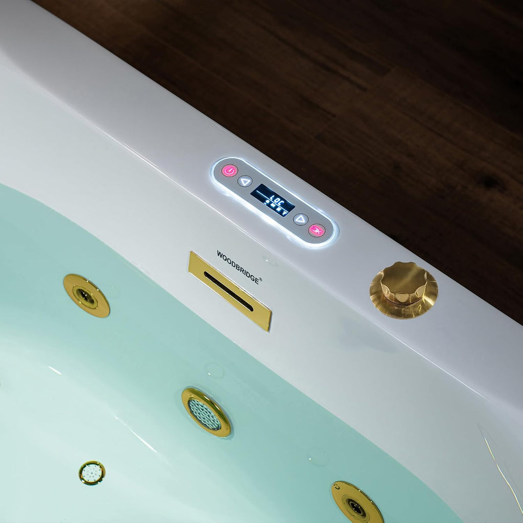 WOODBRIDGE 59' x 31-1/2' Whirlpool and Air Bath Heated Soaking Combination Tub with Adjustable Speed Air Blower and Display Control Panel, Brushed Gold Finish Trim and Drain Kit,BG100