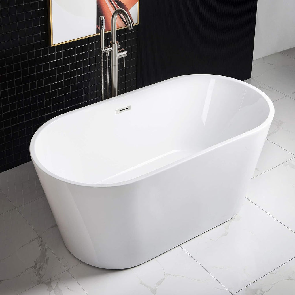 WOODBRIDGE 59' Acrylic Freestanding Bathtub Contemporary Soaking White Tub with Brushed Nickel Overflow and Drain,B0014-BN