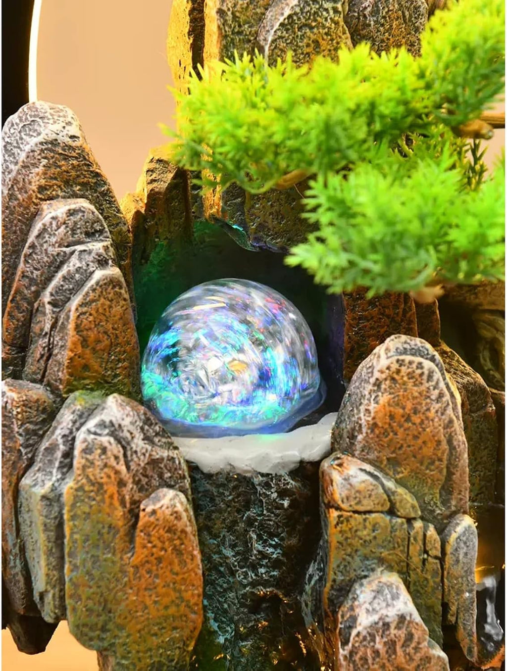 Desktop Fountain Indoor Tabletop Fountain Resin Water Fountains Artificial Bonsai Trees and Stone Mountains Relaxation Waterfall for Home Decor(Small)