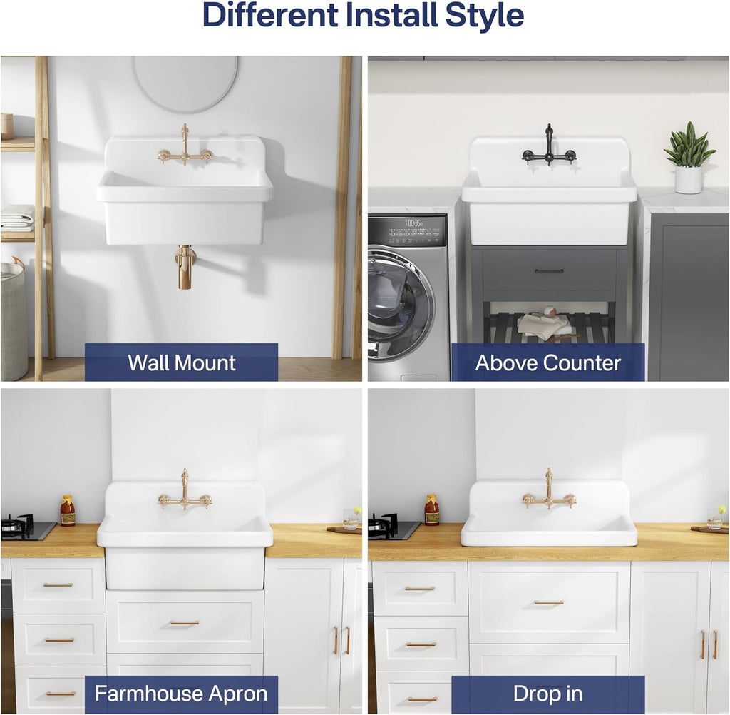 Eridanus 30 Inch Utility Sink, Wall Mount Laundry Sink, Modern Bathroom Basin, Farmhouse Kitchen Sink Drop-in, Floating Porcelain Ceramic Tub High Back for Garage, Washing Room, Workshop 30'x19'x17'
