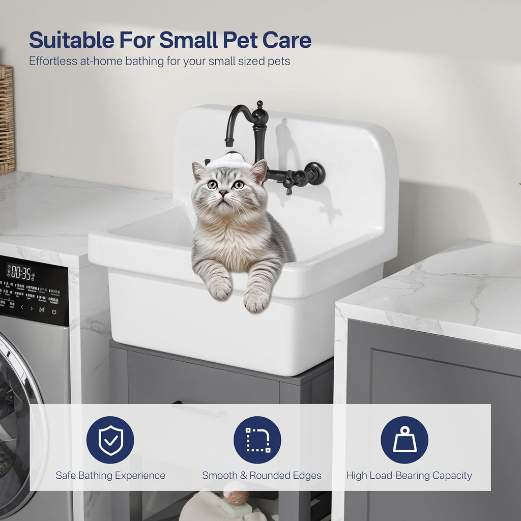 Eridanus 21 Inch Utility Sink, Wall Mounted Farmhouse Bathroom Sink, Modern Laundry Sinks Above Counter, 21' x 16' x 18.5' Floating Porcelain Ceramic Tub High Back for Garage, Washing Room, Kitchen
