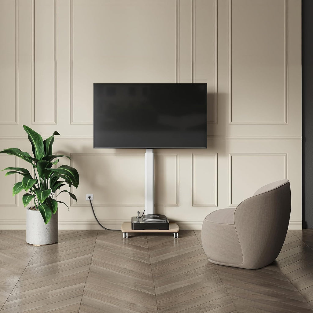 FITUEYES Rolling TV Stand with Power Outlets, Swivel Portable TV Stand for 32-70 Inch LCD LED OLED Flat/Curved Panel Screen TVs, Height Adjustable&Wood Base, Mobile TV Cart Holds up to 88Lbs