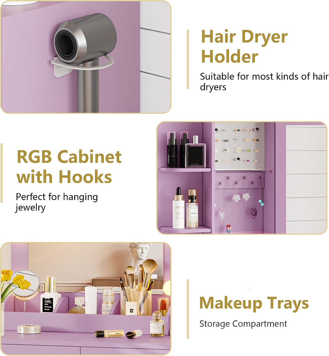 Xixini Vanity Desk with Mirror and Lights, Makeup Vanity Table Set with 5 Storage Drawers, Power Outlet, Small Dressing Table with RGB Ambient Light, Adjustable Brightness for Girls Bedroom, Purple