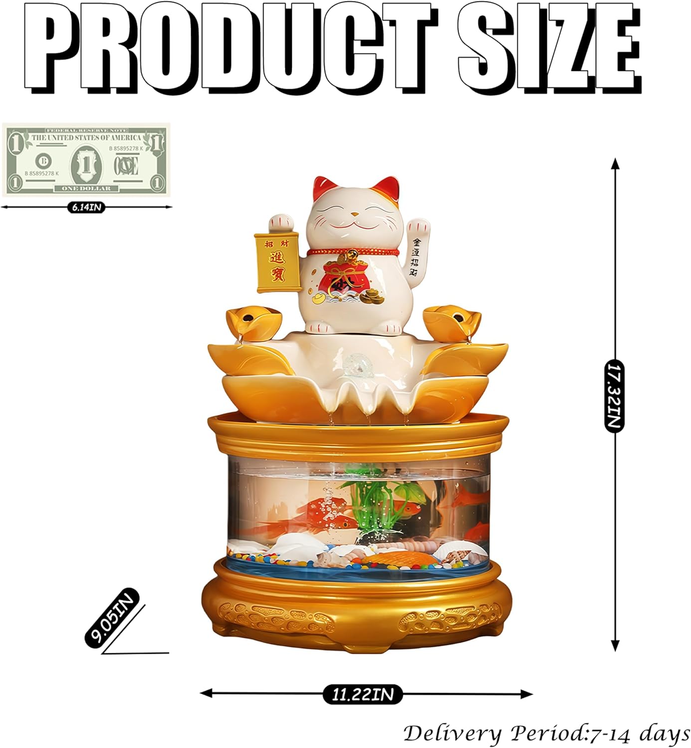 Tabletop Water Fountain Indoor with Maneki Neko, Money Lucky Cat, Fish Tank Decorations for Feng Shui Decor & Gifts for Home, Feng Shui Statue, Chinese New Year Decoration, Chinese Decor & Gifts (C)