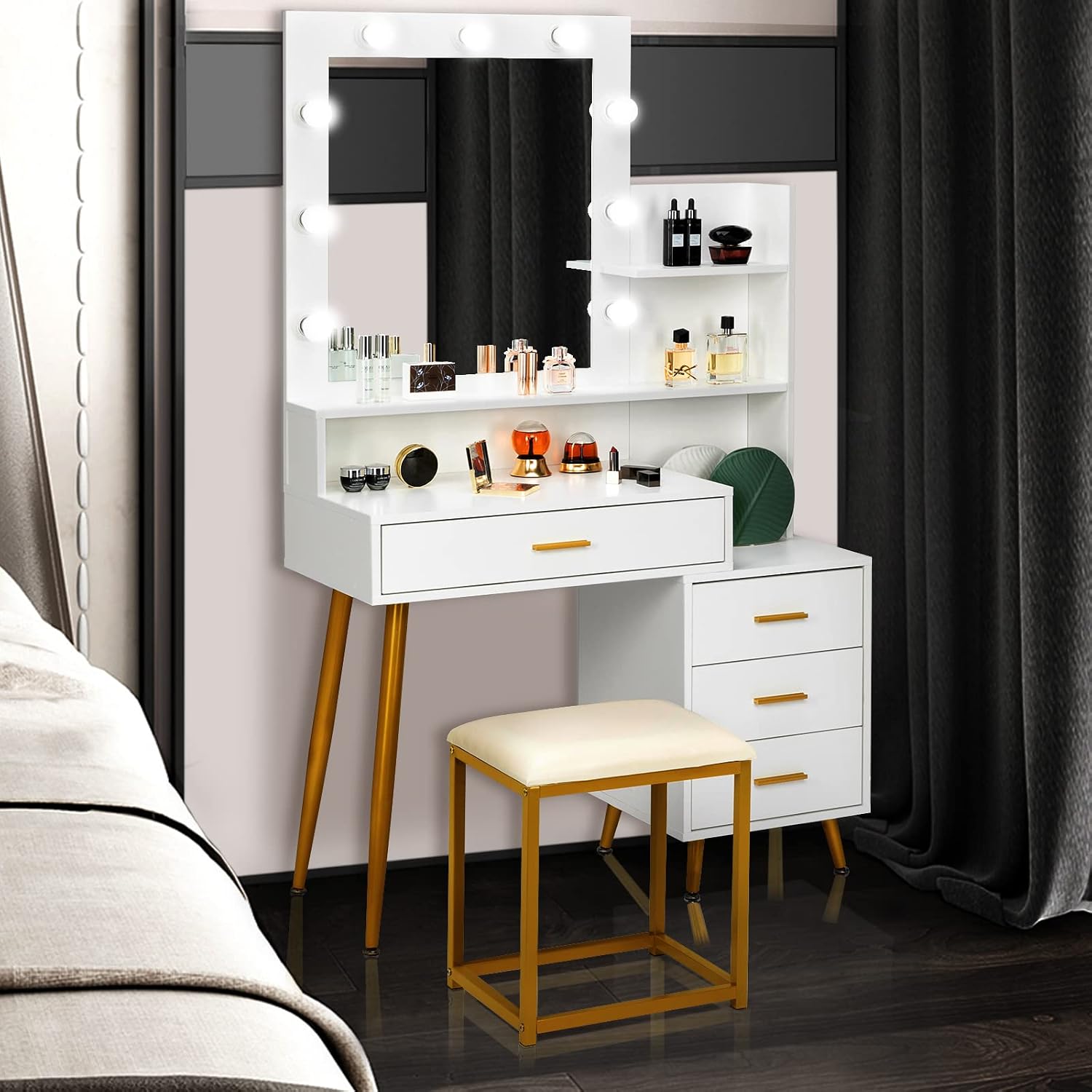 VINGLI Vanity Set with Lighted Mirror，Makeup Vanity Table Set with 9 LED Lighting Bulbs, Storage Shelf & Drawers and Stool for Women & Girls, Modern Dressing Table for Bedroom, White & Gold