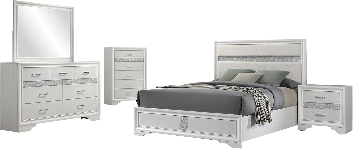 Coaster Home Furnishings Miranda Contemporary 5-Piece Bedroom Set Fabric Upholstered California King Size Panel Bed Frame 54-inch Headboard White 205110KW-S5