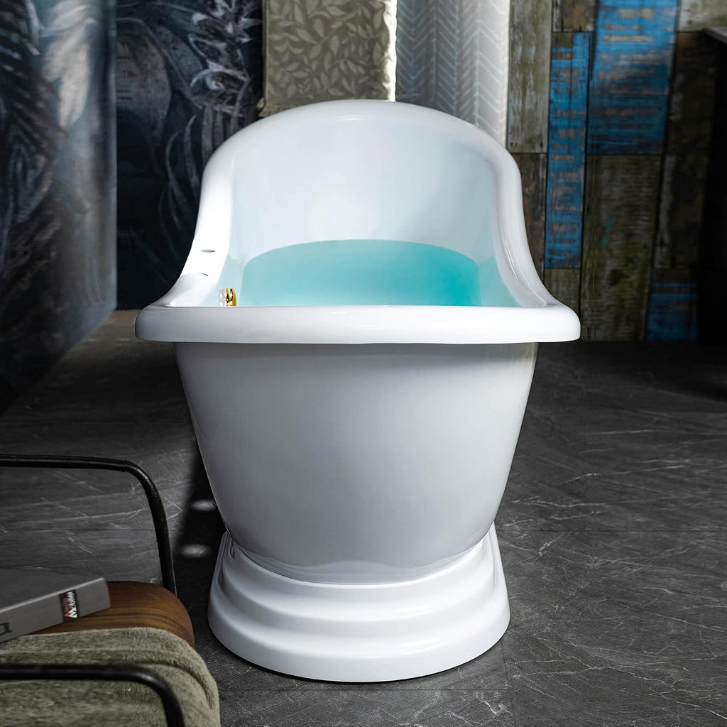 WOODBRIDGE 69 1/4' Acrylic Freestanding Bathtub Contemporary Soaking Tub, White Acrylic, Polished Gold Drain/Overflow
