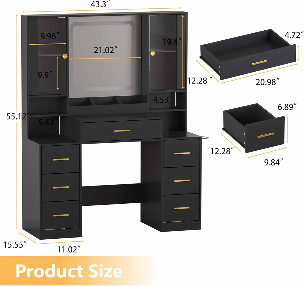 Wodeer Black Makeup Vanity Desk with Mirror & Lights, Modern Vanity Table with Charging Station, 7 Drawers, Glass Cabinet, Adjustable Shelves, Bedroom Dressing Table Set for Women & Girls
