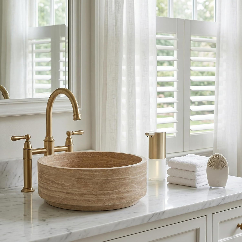 16' Natural Travertine Stone Round Bathroom Vessel Sink,Warm Beige Marble Bathroom Sink, Vanity Bowl Basin