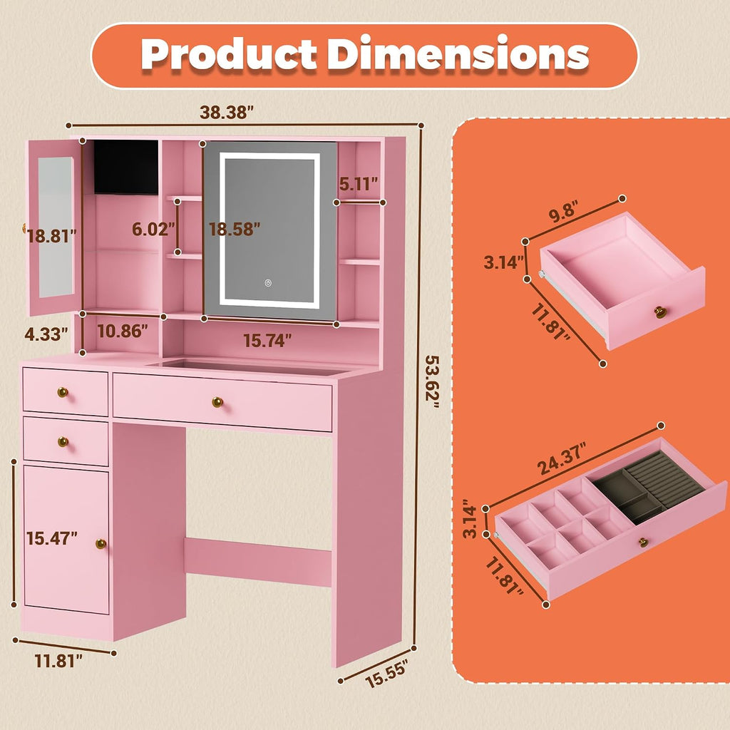 Vanity Desk with LED Lighted Mirror and Jewelry Organizer & Glass Top and Charging Station, Makeup Vanity with 3 Drawers and 2 Storage Cabinets & Hidden Compartment, Dressing Table for Bedroom, Pink