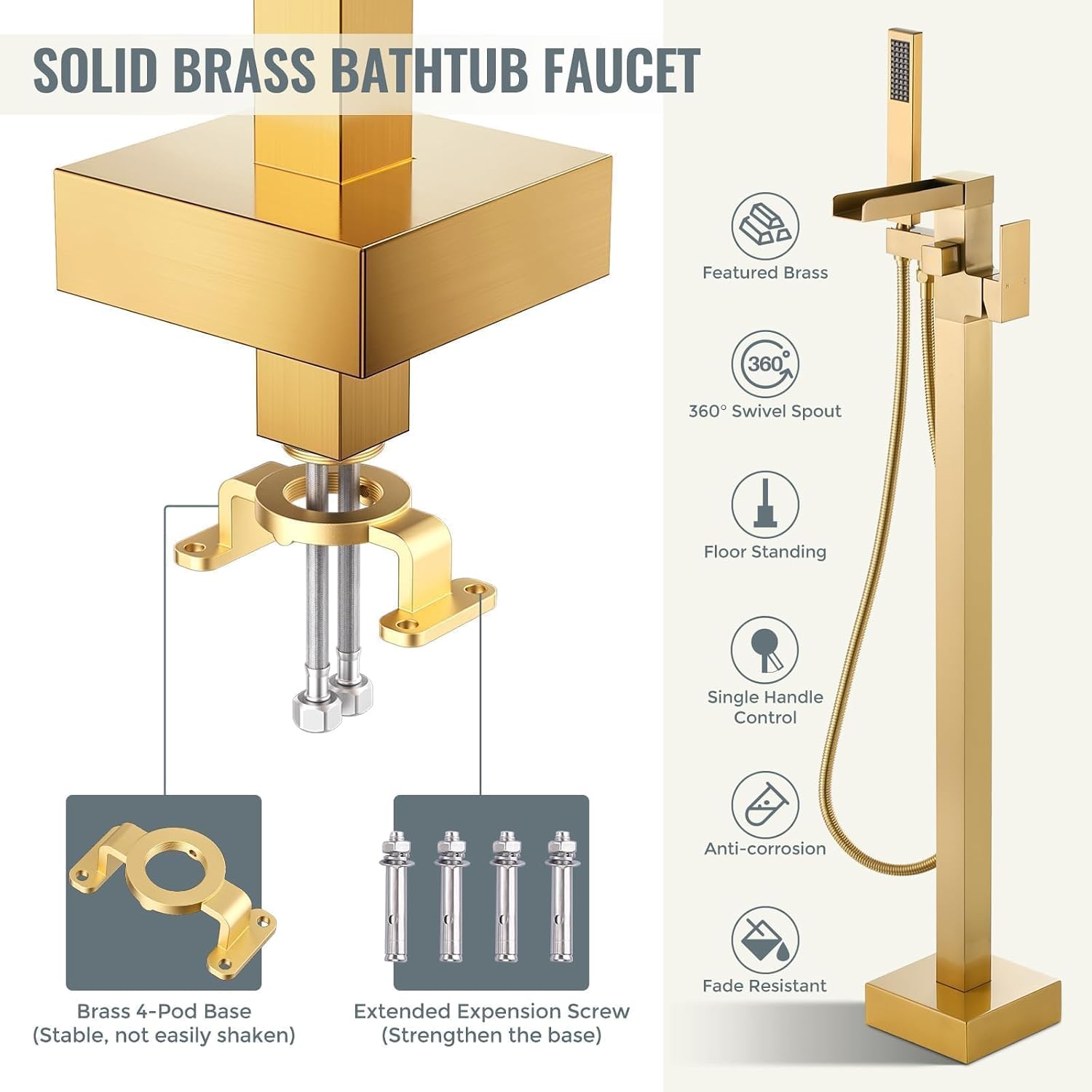 Freestanding Tub Faucet Brushed Gold: ALEASHA High Flow Max 6.74 GPM Free Standing Tub Filler - Brass Modern Floor Mount Bathtub Faucet with Handheld Shower, for the Ultimate Elegant SPA Experience