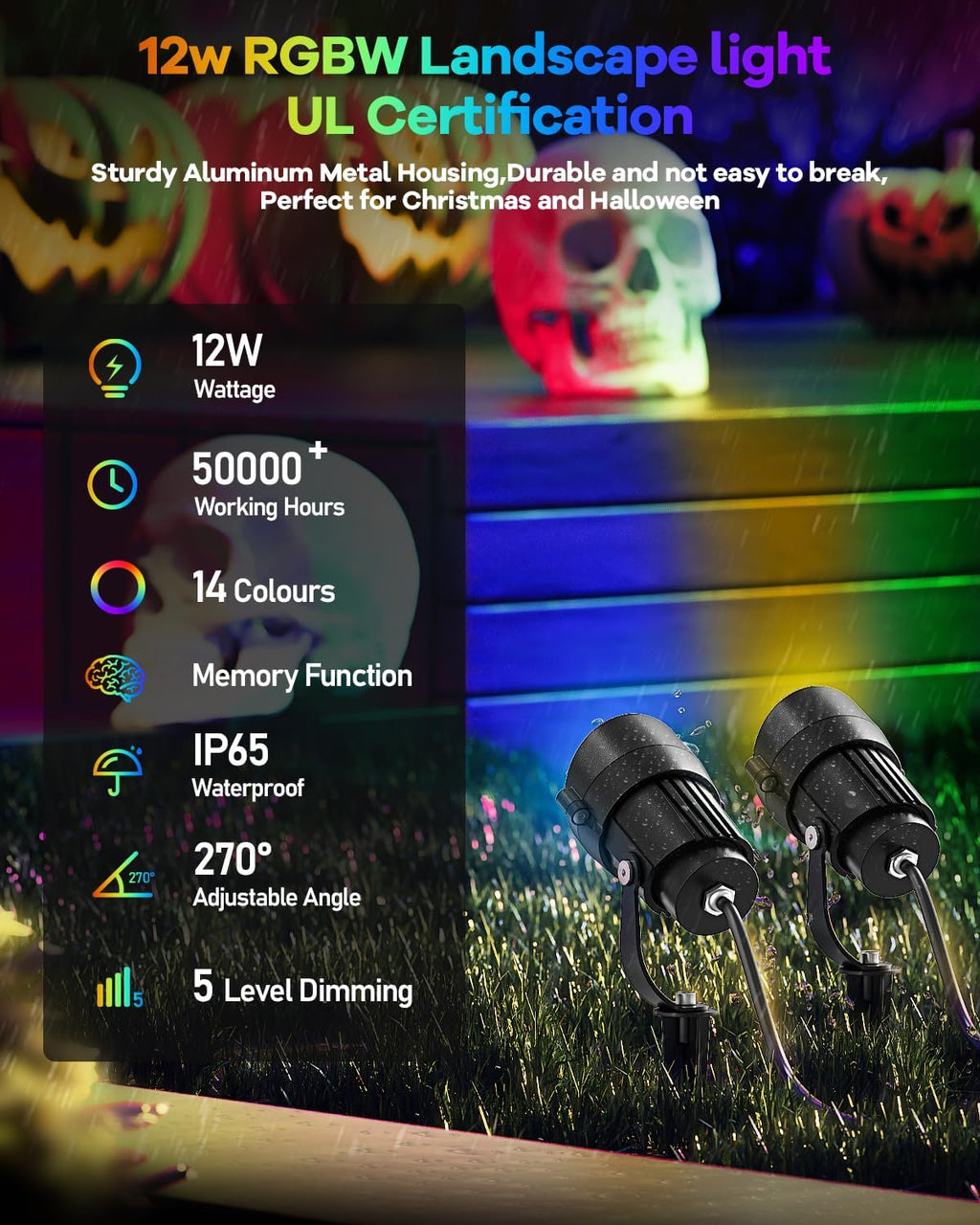 HIBOITEC 12W RGBCWWW Landscape Lighting Kit with 300W Low Voltage UL Transformer, 12-Pack Water Proof Color Changing Outdoor Spotlights for Yard Tree, DIY Holiday RF Remote No App