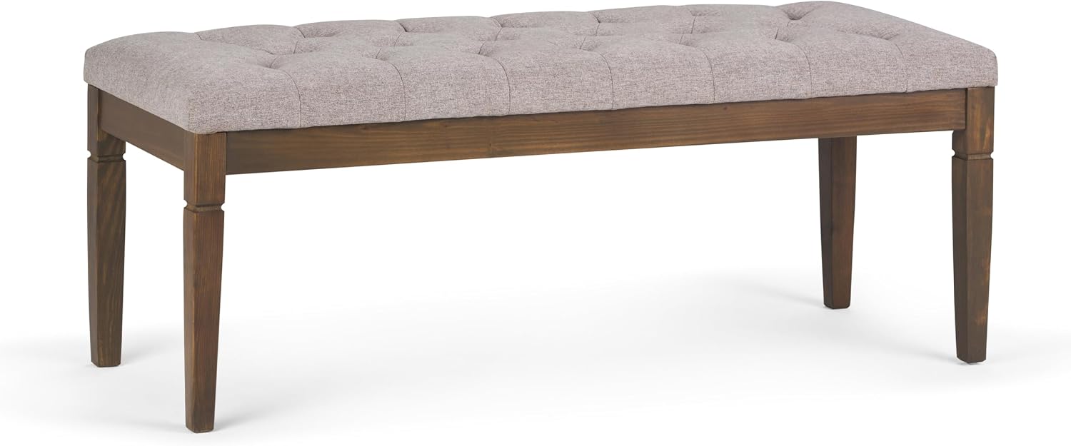 SIMPLIHOME Waverly Tufted Ottoman Bench - 48 inch Wide Upholstered Linen Look Fabric Rectangle Footstool Ottoman in Cloud Grey, Traditional Bench for Bedroom, Entryway or Living Room with Carved Legs