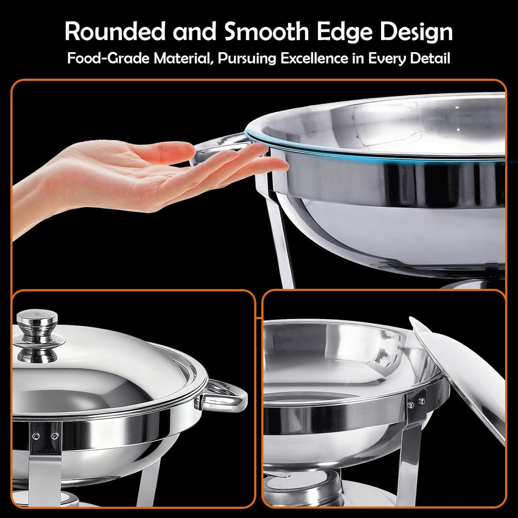 ALSO GO 4 Pack 5QT Round Chafing Dishes for Buffet, Stainless Steel Chafing Buffet Set with Food & Water Pan, Lid, Frame, Fuel Holder, Buffet Servers and Warmers for Catering Events Parties Dinners