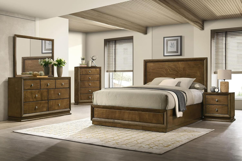 MASARA 3-Piece Transitional Bedroom Set, Walnut Rubberwood with Okume Veneer, Multiple, King/Queen/Full/Twin Bed with 2 Nightstands, Bronze Metal Knobs (Twin)