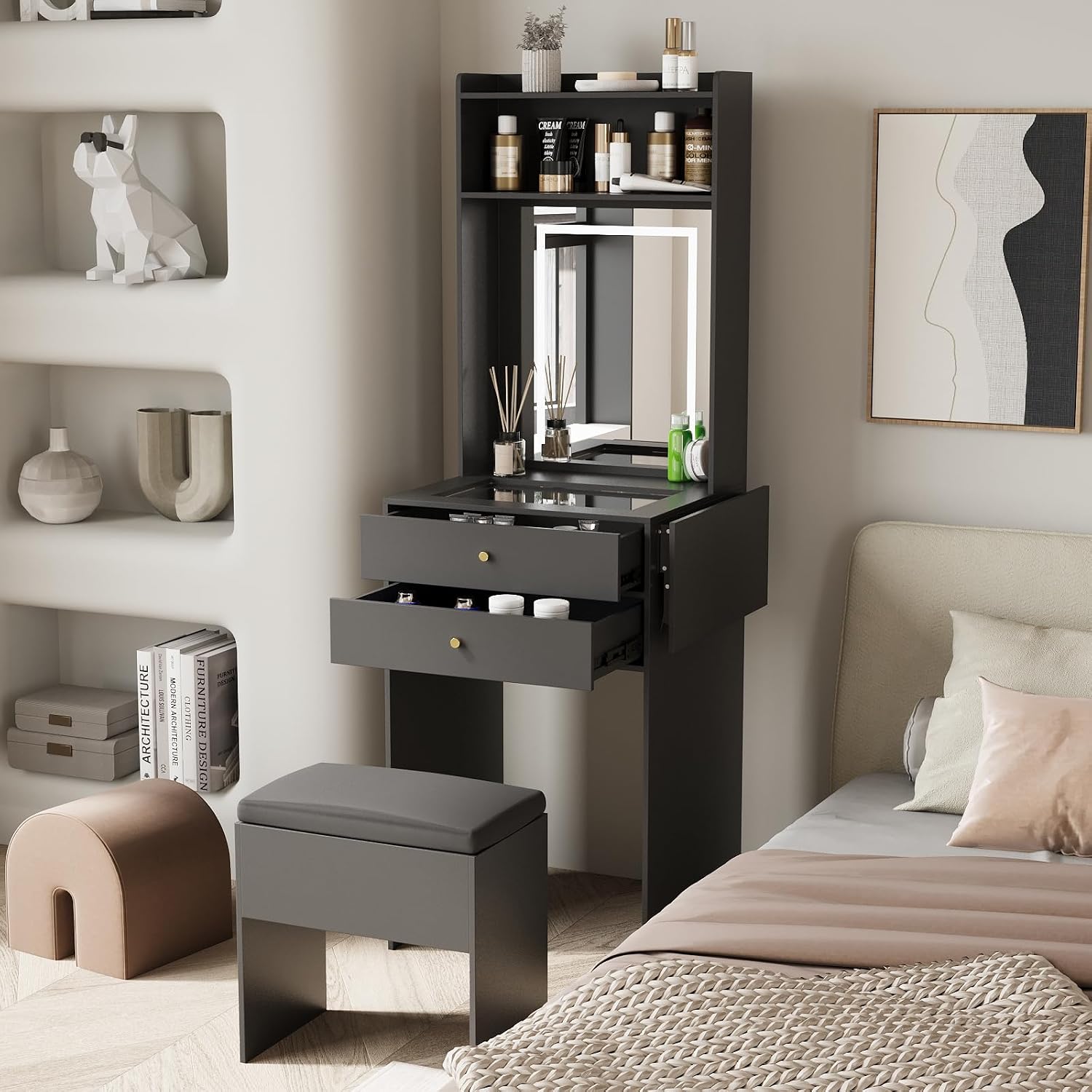 ARTETHYS Small Vanity Desk Set with 3 Adjustable Lighted Mirror and Storage Chair Mini Black Makeup Vanities Set for Bedroom Compact Make up Dressing Table with Fold-up Panel for Tiny Space