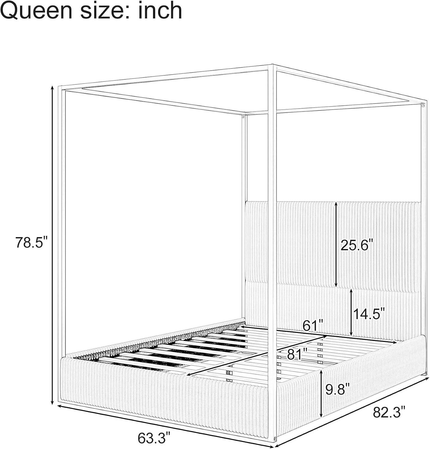 Metal Canopy Bed Queen Size with Upholstered Headboard, Luxury Canopy Platform Bed with Slat Support for Kids Teens, No Box Spring Needed, Noise Free, Space Saving, Beige + Gold