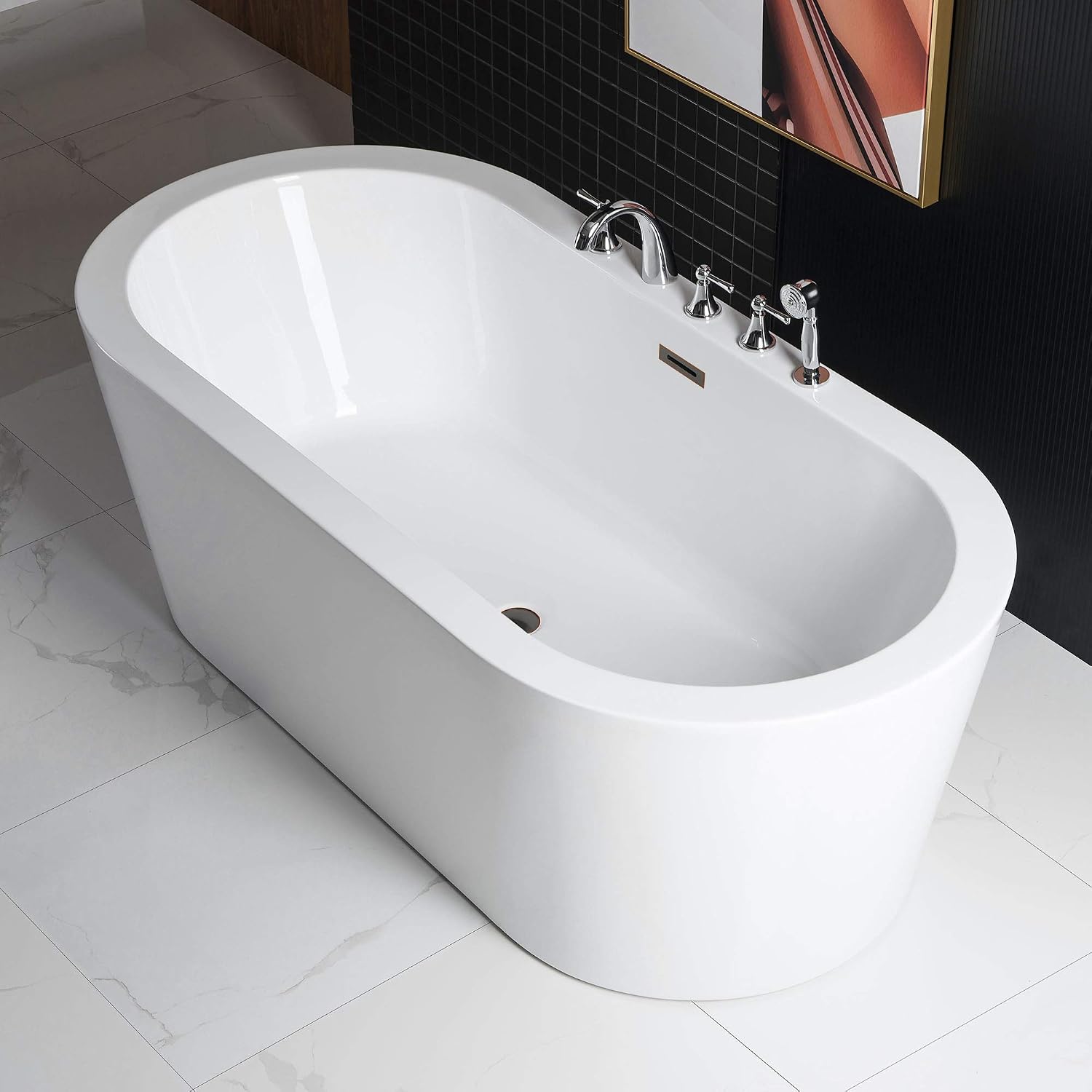 WOODBRIDGE 59' Acrylic Freestanding Bathtub Contemporary Soaking White Tub with Oil Rubbed Bronze Overflow and Drain，B0012 -ORB-Drain &O