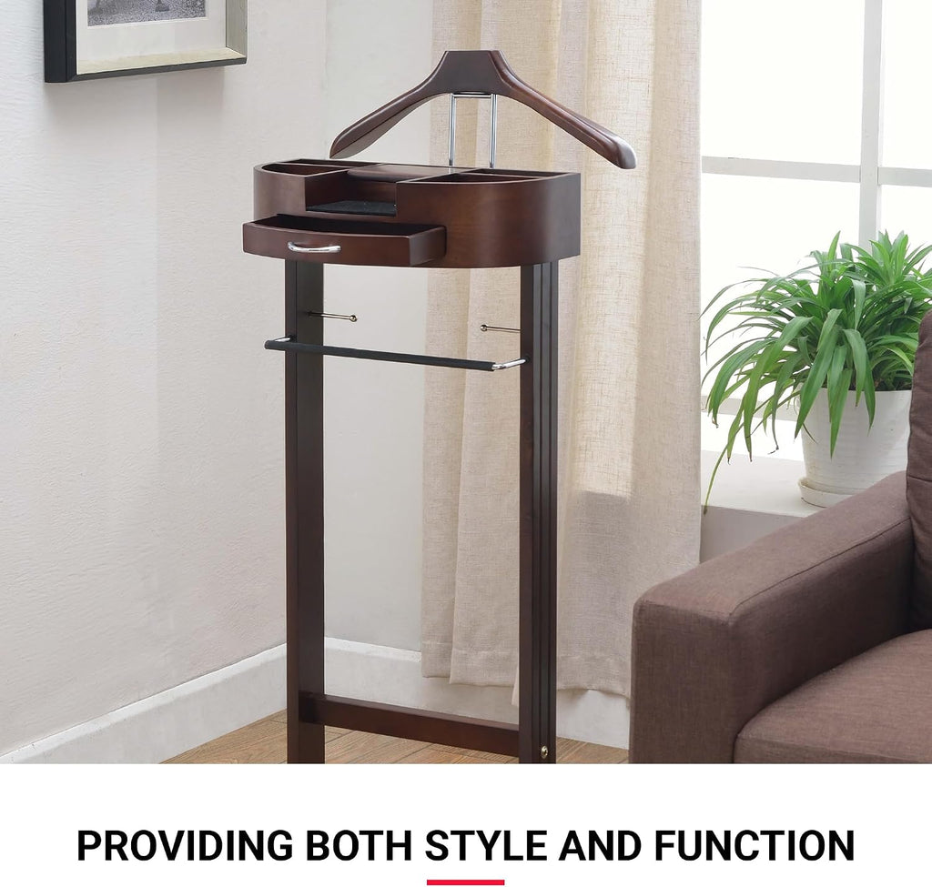 Proman Products - Crescent Moon Valet, Mens Valet Stand with Drawer, Top Tray, Contour Hanger, Trouser Bar, Belt Hooks & Shoe Rack, Accessory & Clothes Organizer (Mahogany)