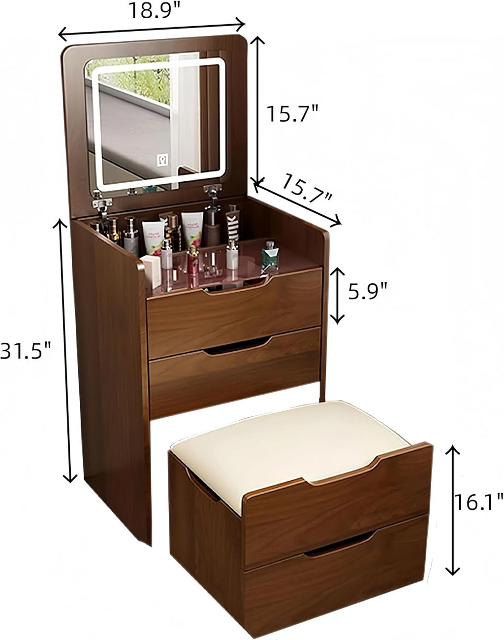 3 in 1 Vanity Desk with Plip Top Mirror and Lights, Small Make Up Vanity Set with Visible Glass Desktop,Compact Makeup Vanity with 3 Drawers Dressing Table for Bedroom,Walnut