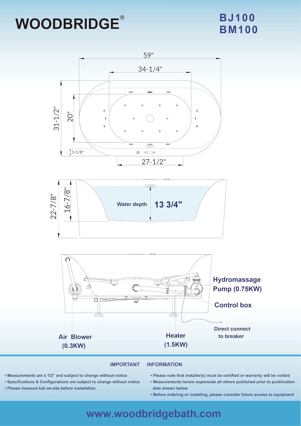 WOODBRIDGE 59' x 31-1/2' Whirlpool and Air Bath Heated Soaking Combination Tub with Adjustable Speed Air Blower and Display Control Panel, Matte Black Finish Trim and Drain Kit, BM100