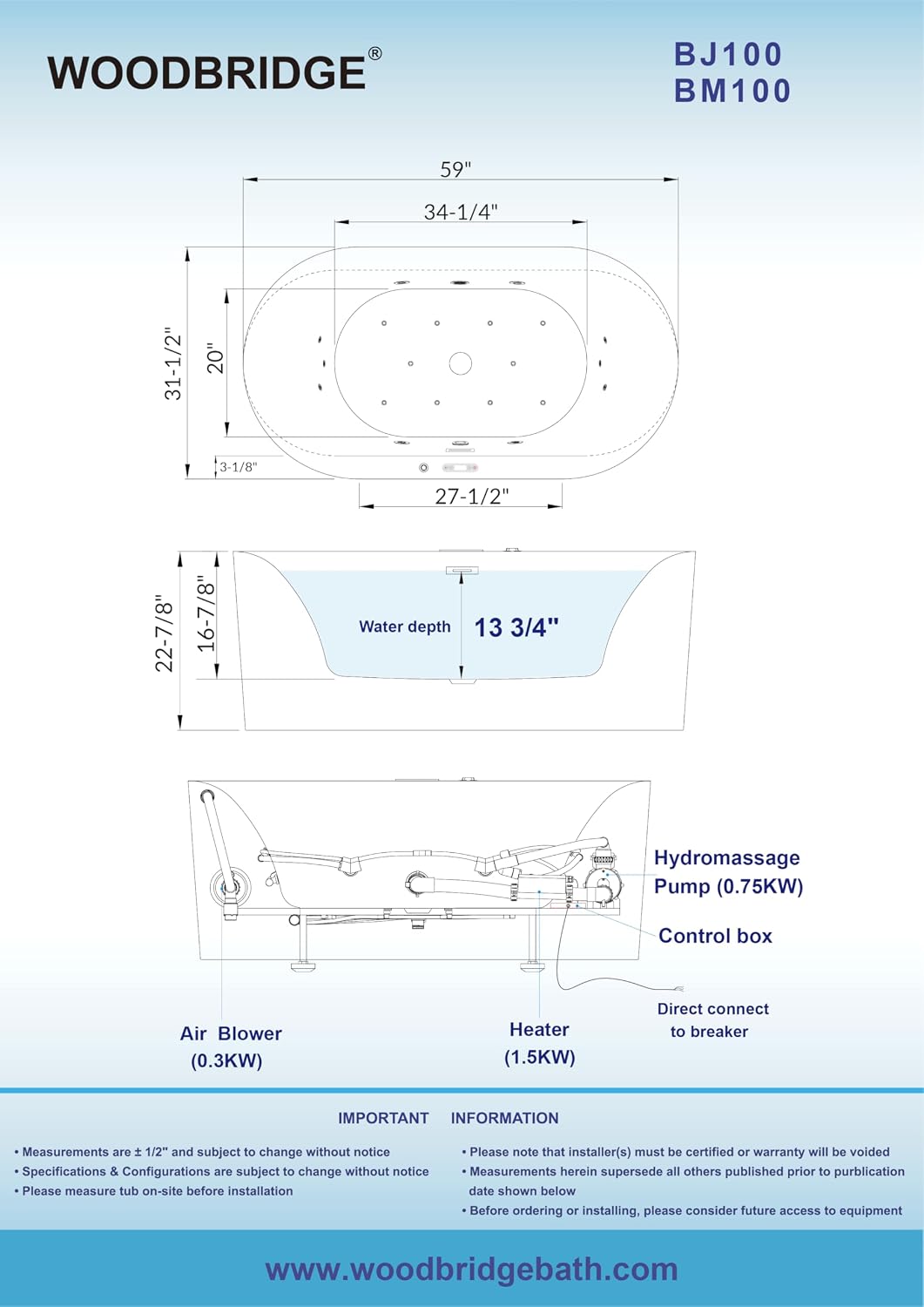 WOODBRIDGE 59' x 31-1/2' Whirlpool and Air Bath Heated Soaking Combination Tub with Adjustable Speed Air Blower and Display Control Panel, Matte Black Finish Trim and Drain Kit, BM100
