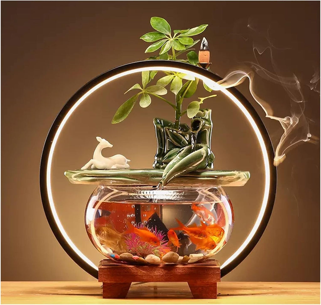 Indoor Water Fountain Tabletop Fountains Indoor Relaxation Desktop Ceramic Tabletop Fountain with Glass Fish Tank Wooden Base and Led Light,E