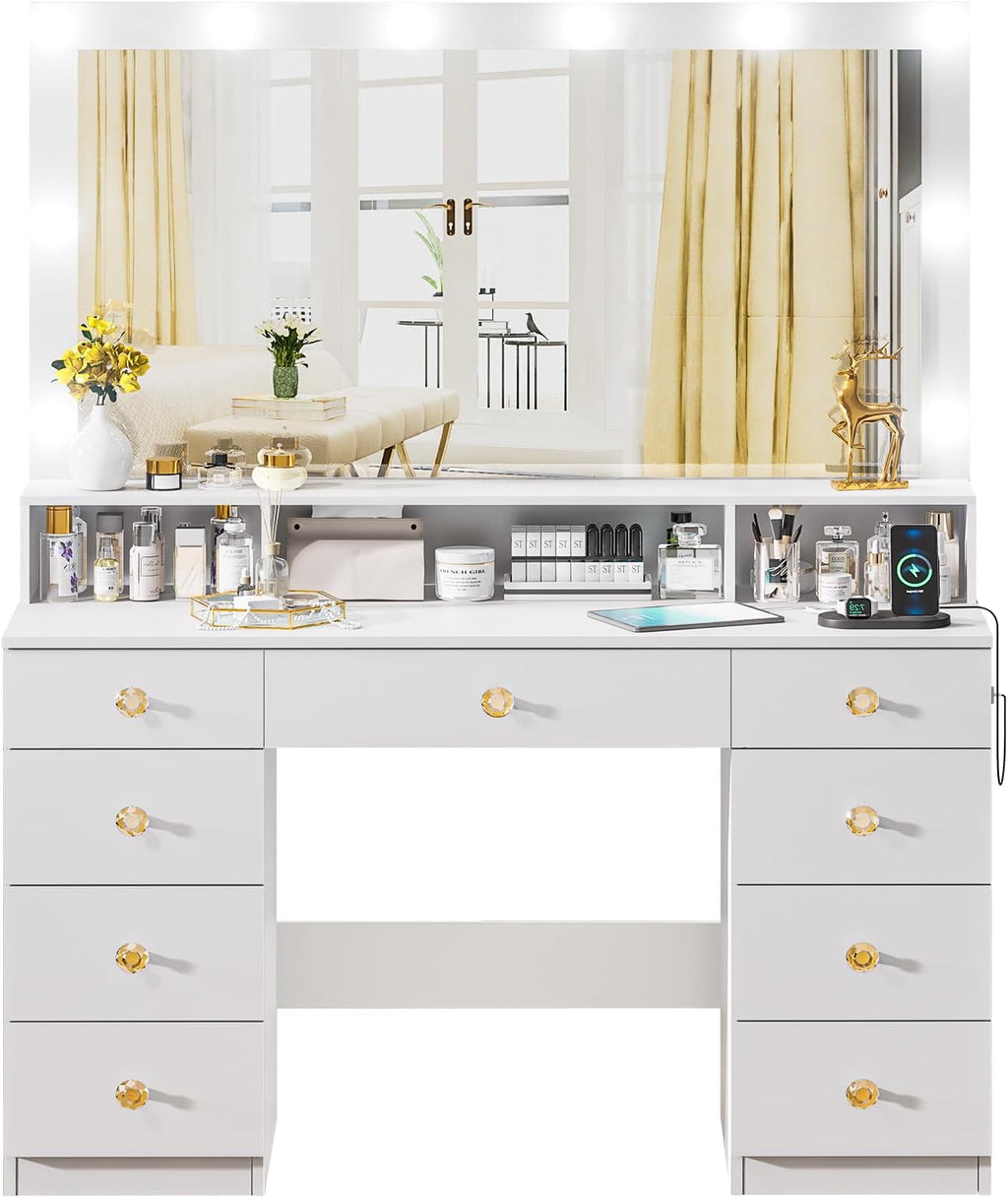 DINGIPP Vanity Desk with Lighted Mirror, Makeup Vanity Table with Power Outlet, 9 Drawers & Crystal Handles, 43.3' Large Vanity Desk Dressing Table for Women, Girls, Bedroom, White