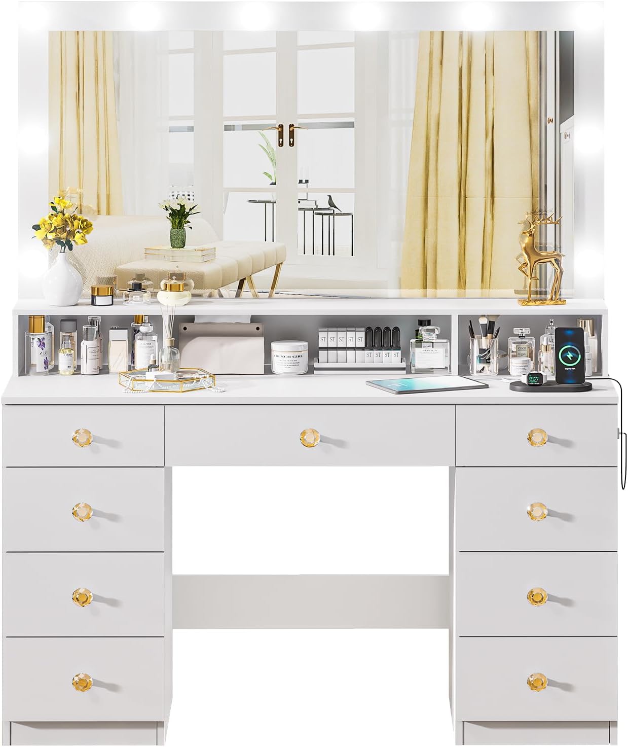 DINGIPP Vanity Desk with Lighted Mirror, Makeup Vanity Table with Power Outlet, 9 Drawers & Crystal Handles, 43.3' Large Vanity Desk Dressing Table for Women, Girls, Bedroom, White