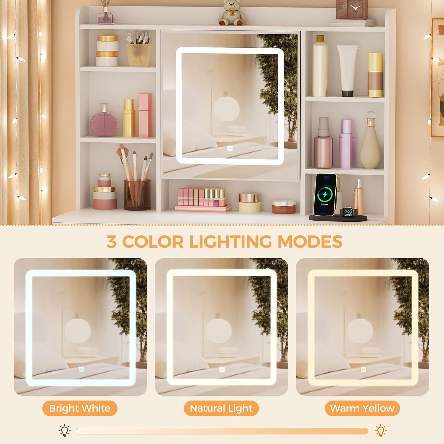BEWISHOME Vanity Desk with Mirror and Lights, Makeup Vanity Table with Power Outlet,Stool Vanity Table with 9 Drawers 6 Storage Shelves Jewelry Storage,Dressing Table for Bedroom Girls White FST36W