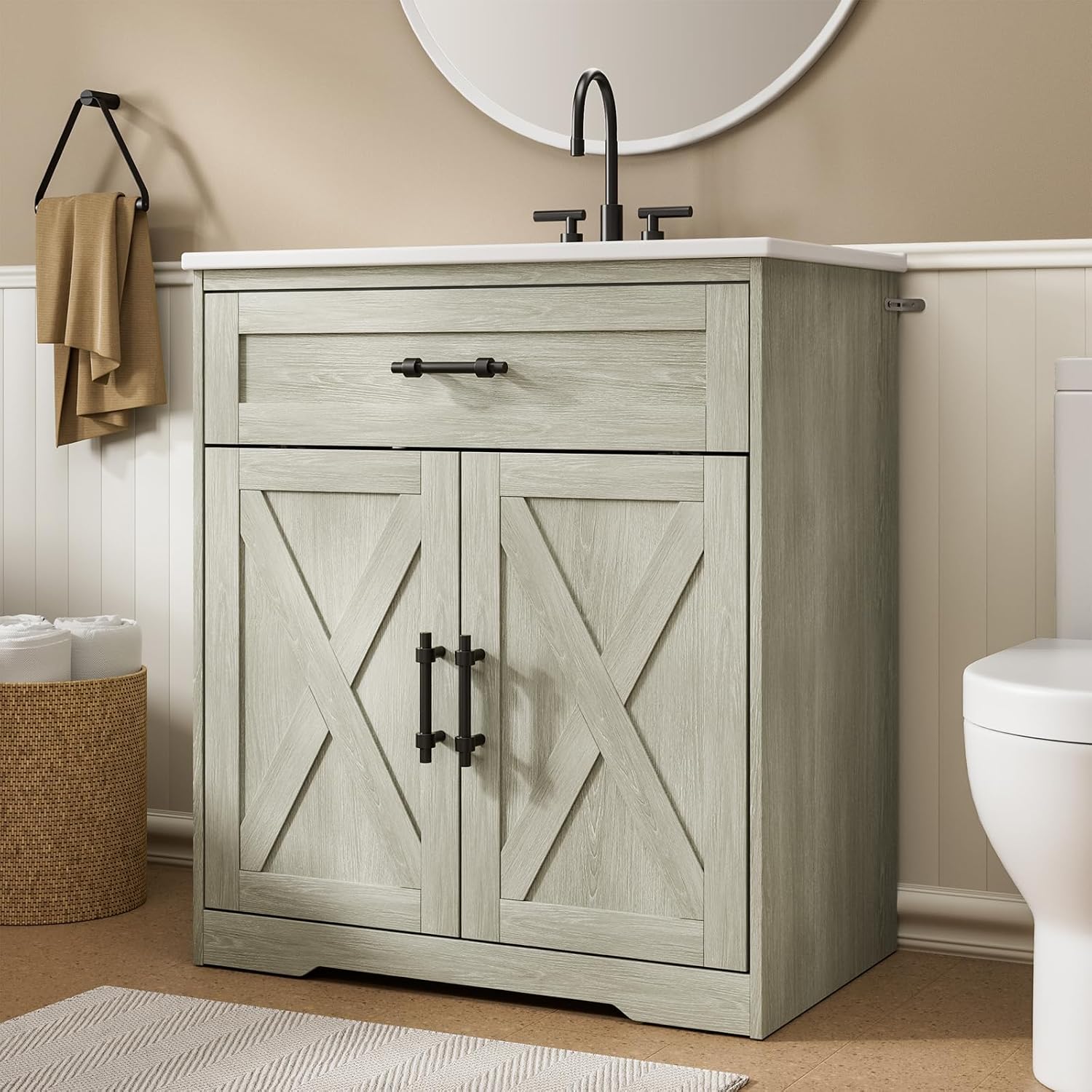 Amada 30″ Bathroom Vanity with Ceramic Sink, Farmhouse Undermount Vanity Sink Cabinet with 2 Doors and 1 Drawer, Free Standing Bathroom Cabinet with Sink Combo Set, Grey