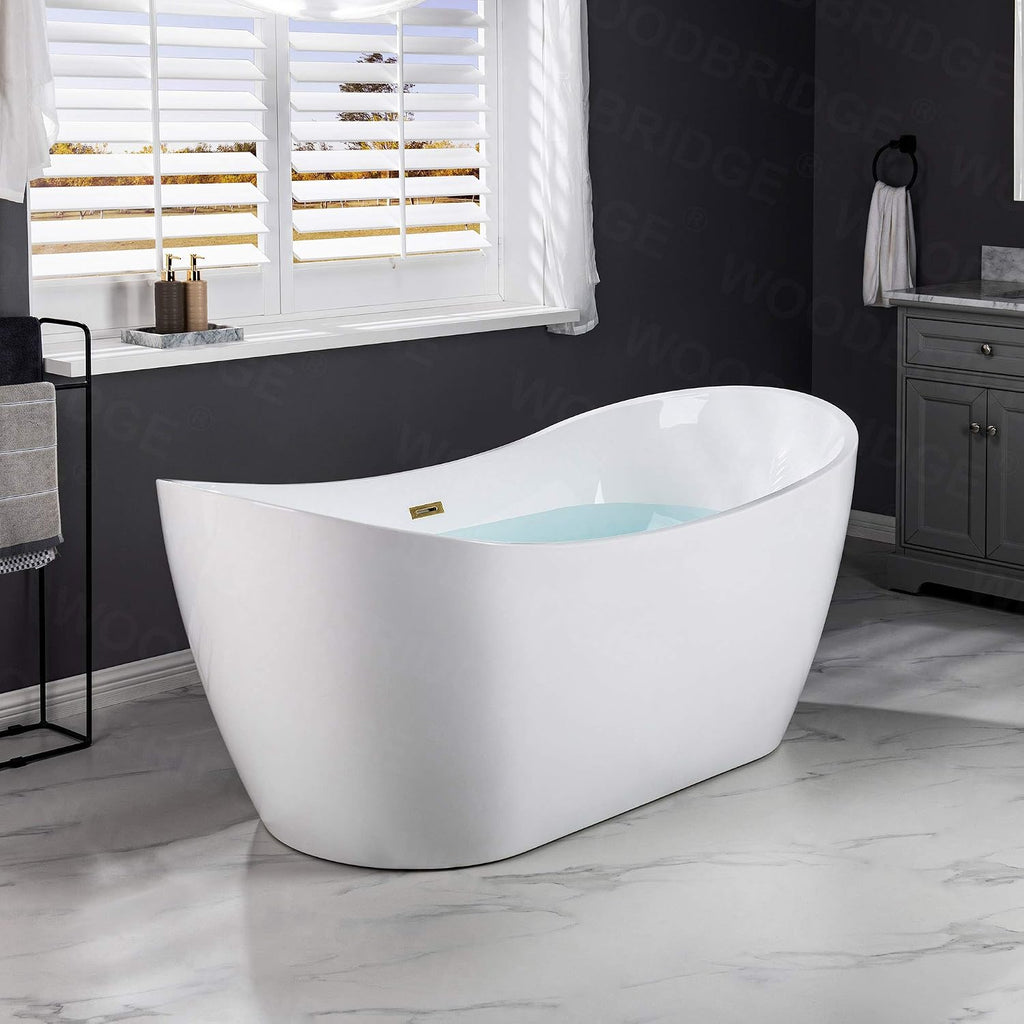 WOODBRIDGE 71'Freestanding White Acylic Soaking Bathtub with Brushed Gold Drain and Overflow,BTA1517 -BG-Drain &O
