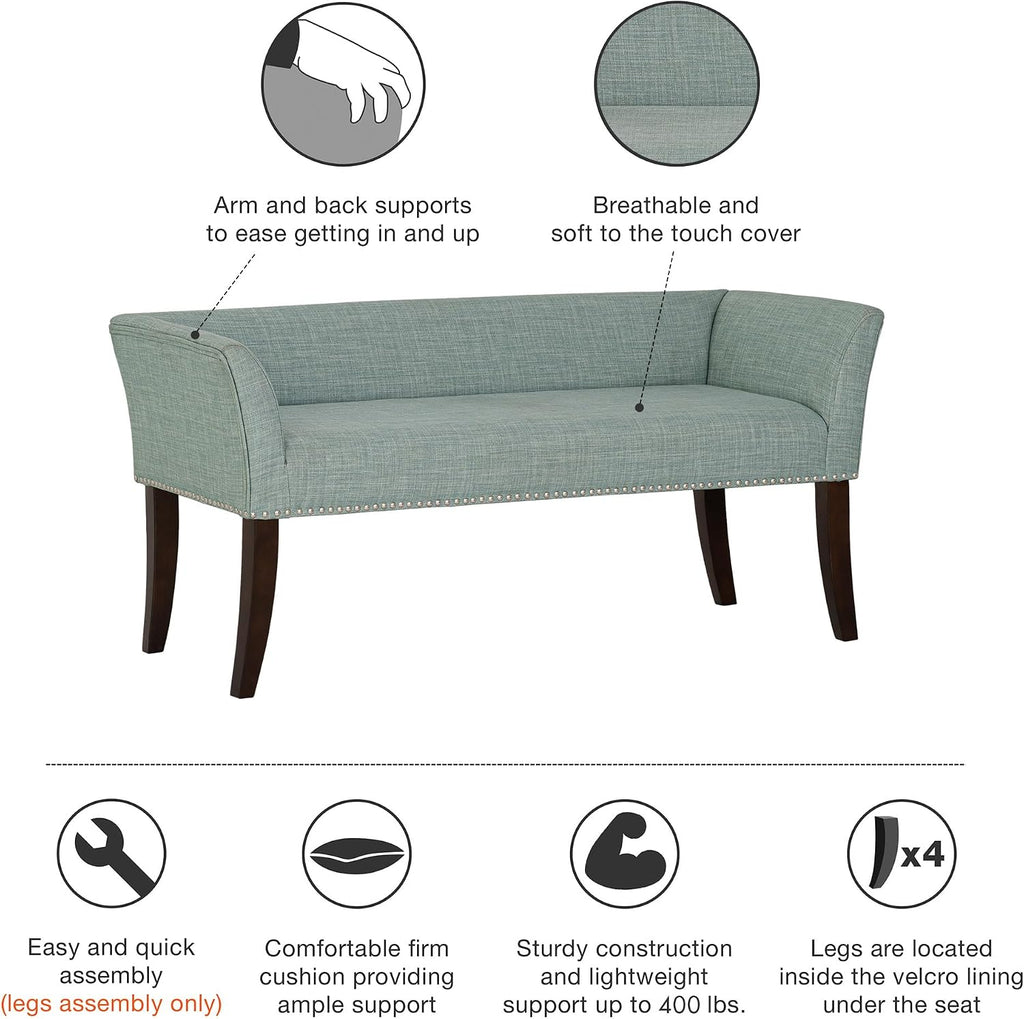 Madison Park Accent Bench for Living Room, Upholstered with Nailhead Trim, & Padded Seat Entryway Bench Small, End of Bed Bench with Back, 49.5' W x 19.25' D x 23' H, Light Blue