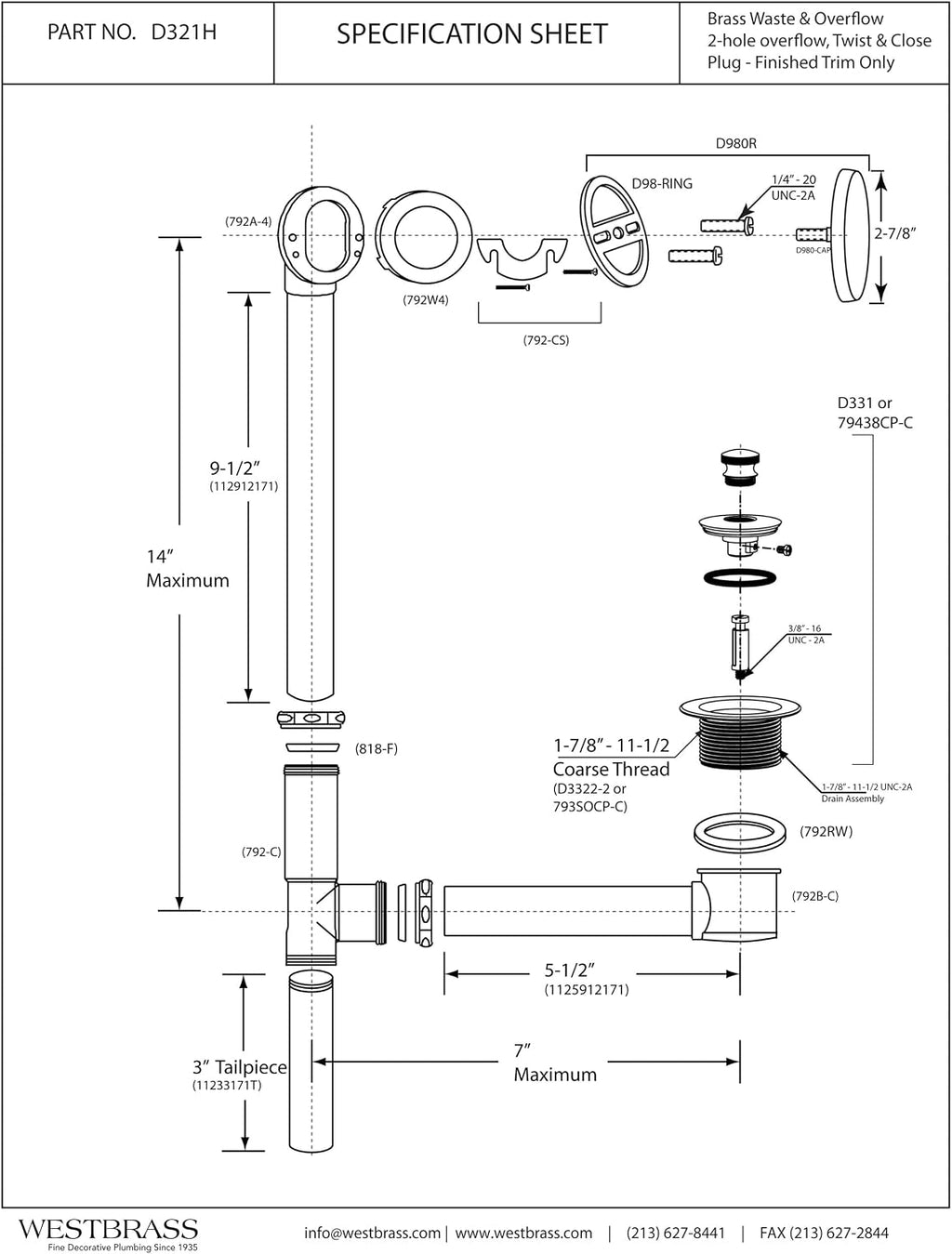Westbrass Twist & Close Bath Waste - Hidden Overflow -14' Make-Up, 17 Gauge, Satin Nickel, D321H-07