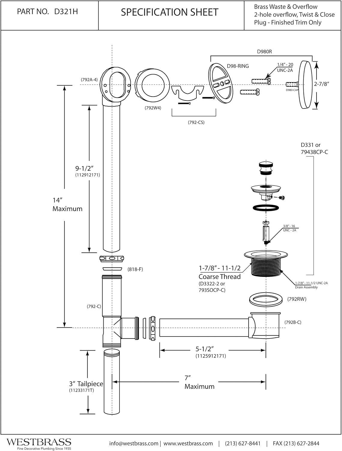 Westbrass Twist & Close Bath Waste - Hidden Overflow -14' Make-Up, 17 Gauge, Satin Nickel, D321H-07