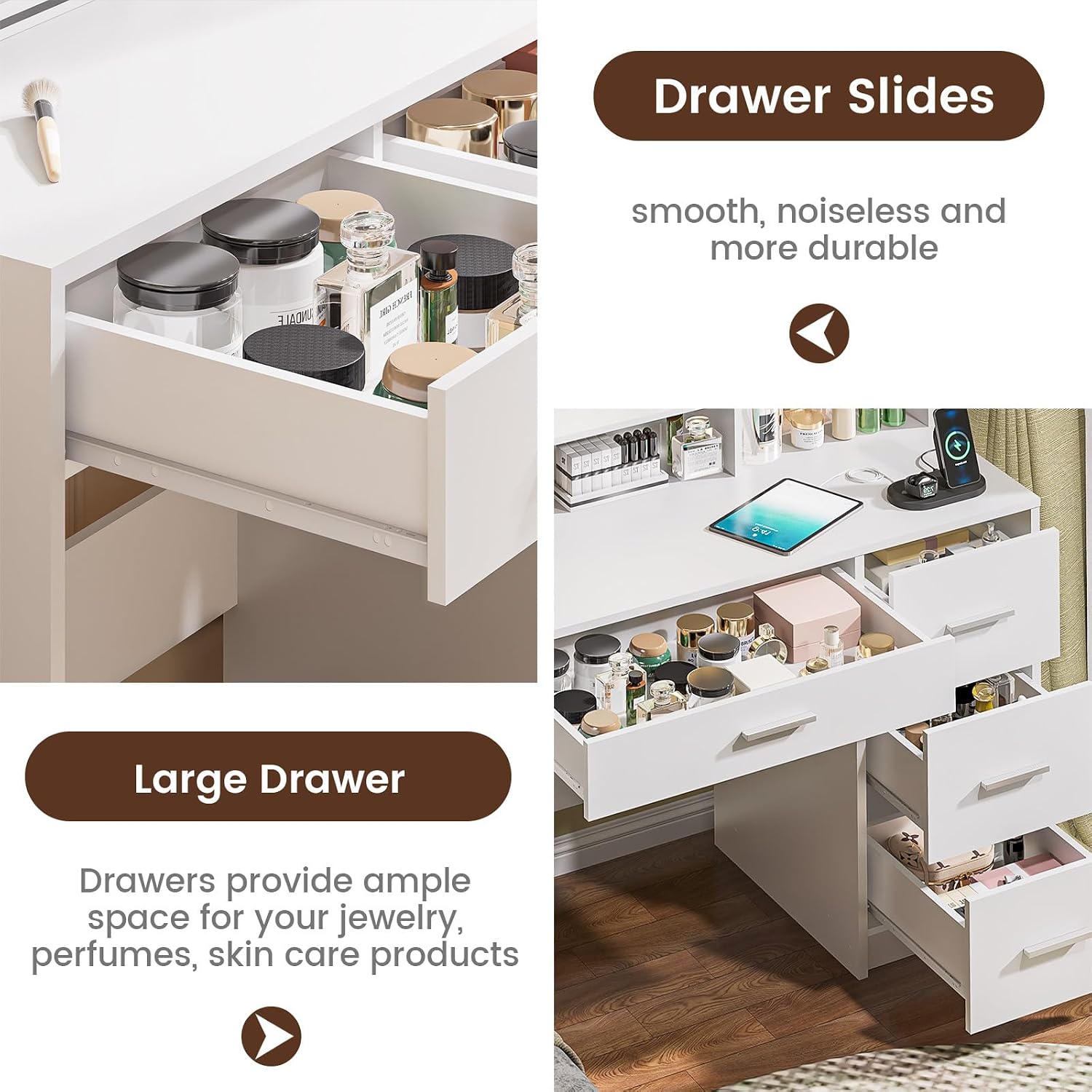 DINGIPP Vanity Desk with Lighted Mirror and Charging Station, Makeup Vanity with 4 Drawers & Storage Shelves,Makeup Desk 3 Color Lights Modes Available, Bedroom Dressing Table for Women, Girls
