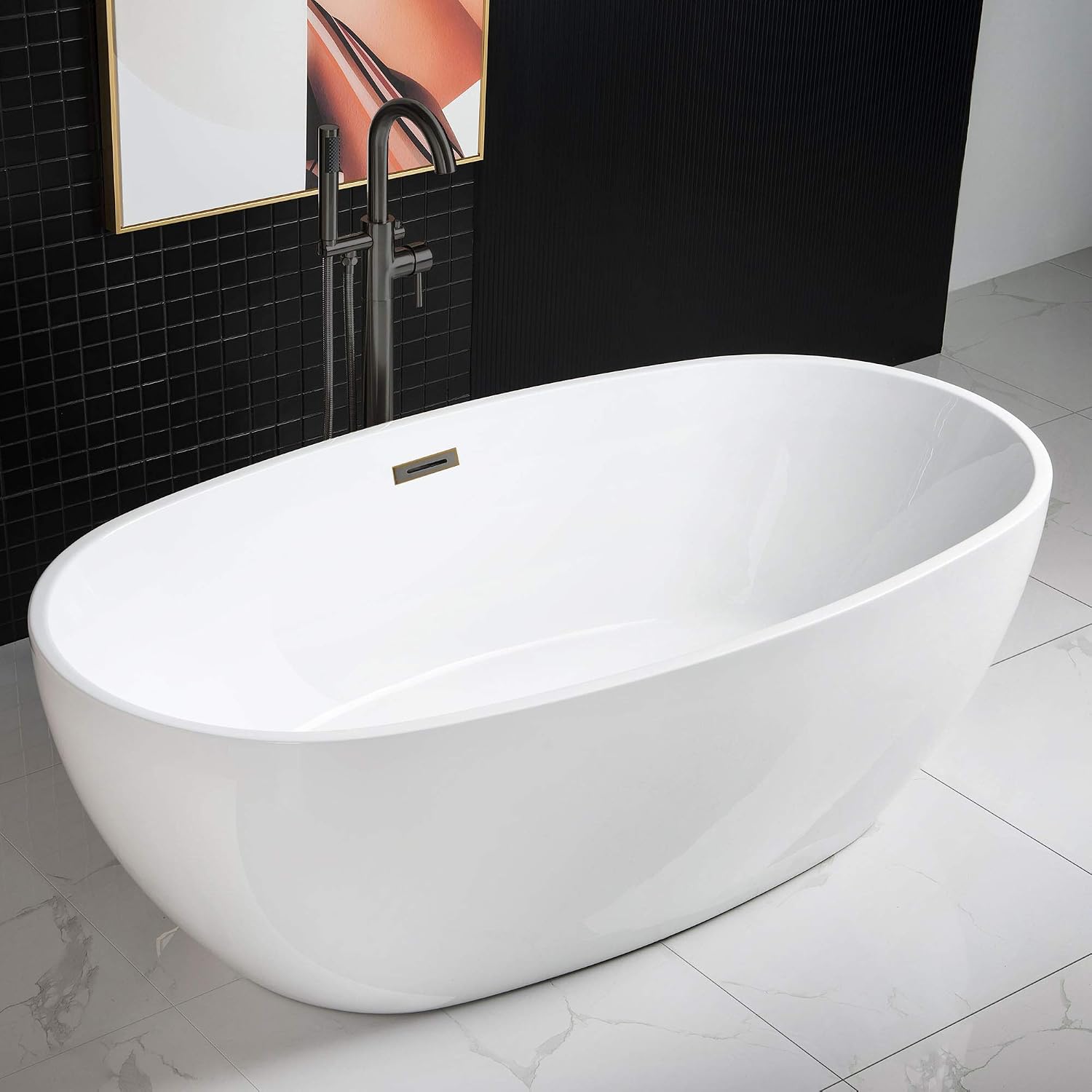 WOODBRIDGE 67' Acrylic Freestanding Bathtub Contemporary Soaking White Tub with Oil Rubbed Bronze Overflow and Drain，BTA1528-ORB