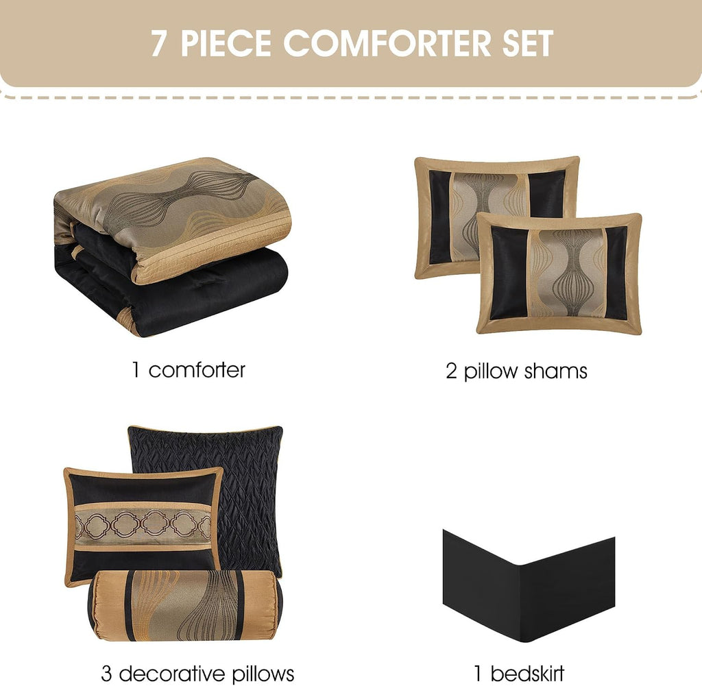 Grand Avenue Elegant Black and Gold Comforter Set King Size, Striped, 7 Pieces Jacquard Bedding Sets All Season with Comforter, Bed Skirt, Pillows & Shams, Lightweight Microfiber