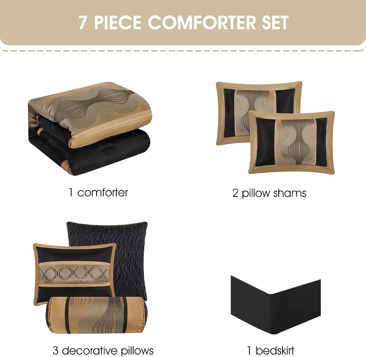 Grand Avenue Elegant Black and Gold Comforter Set King Size, Striped, 7 Pieces Jacquard Bedding Sets All Season with Comforter, Bed Skirt, Pillows & Shams, Lightweight Microfiber