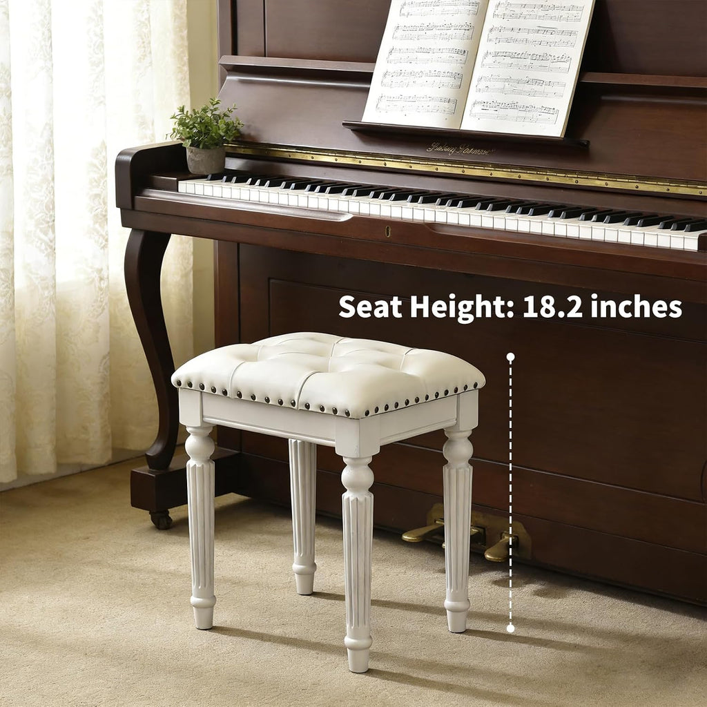 Vanity Stool with White Faux Leather Cushion, Small Vanity Bench-Tufted Leatherette Seat with Nailhead Trim & Button-Tufted Design,Solid Wood Legs with Carved Detail, Backless Makeup Stool for Bedroom