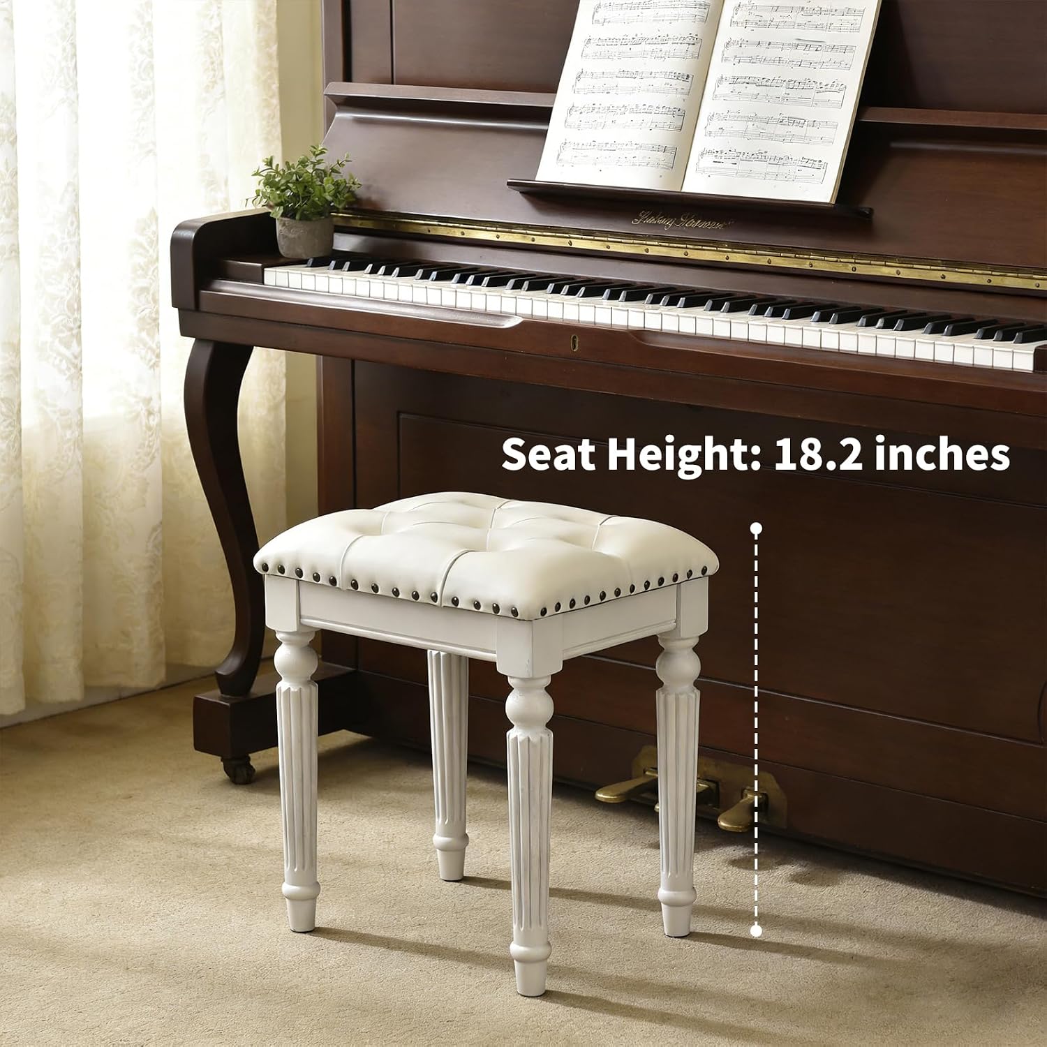 Vanity Stool with White Faux Leather Cushion, Small Vanity Bench-Tufted Leatherette Seat with Nailhead Trim & Button-Tufted Design,Solid Wood Legs with Carved Detail, Backless Makeup Stool for Bedroom