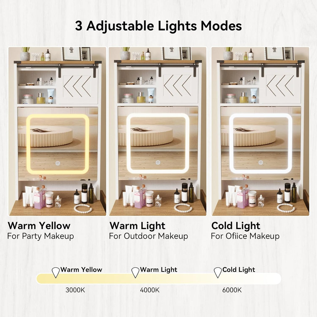 ARTETHYS Farmhouse Small Vanity Desk Set with Mirror Cabinet Mini Makeup Vanities Set with 3 Adjustable Lights and Storage Chair for Compact Space, White Dressing Table with Fold-up Panel