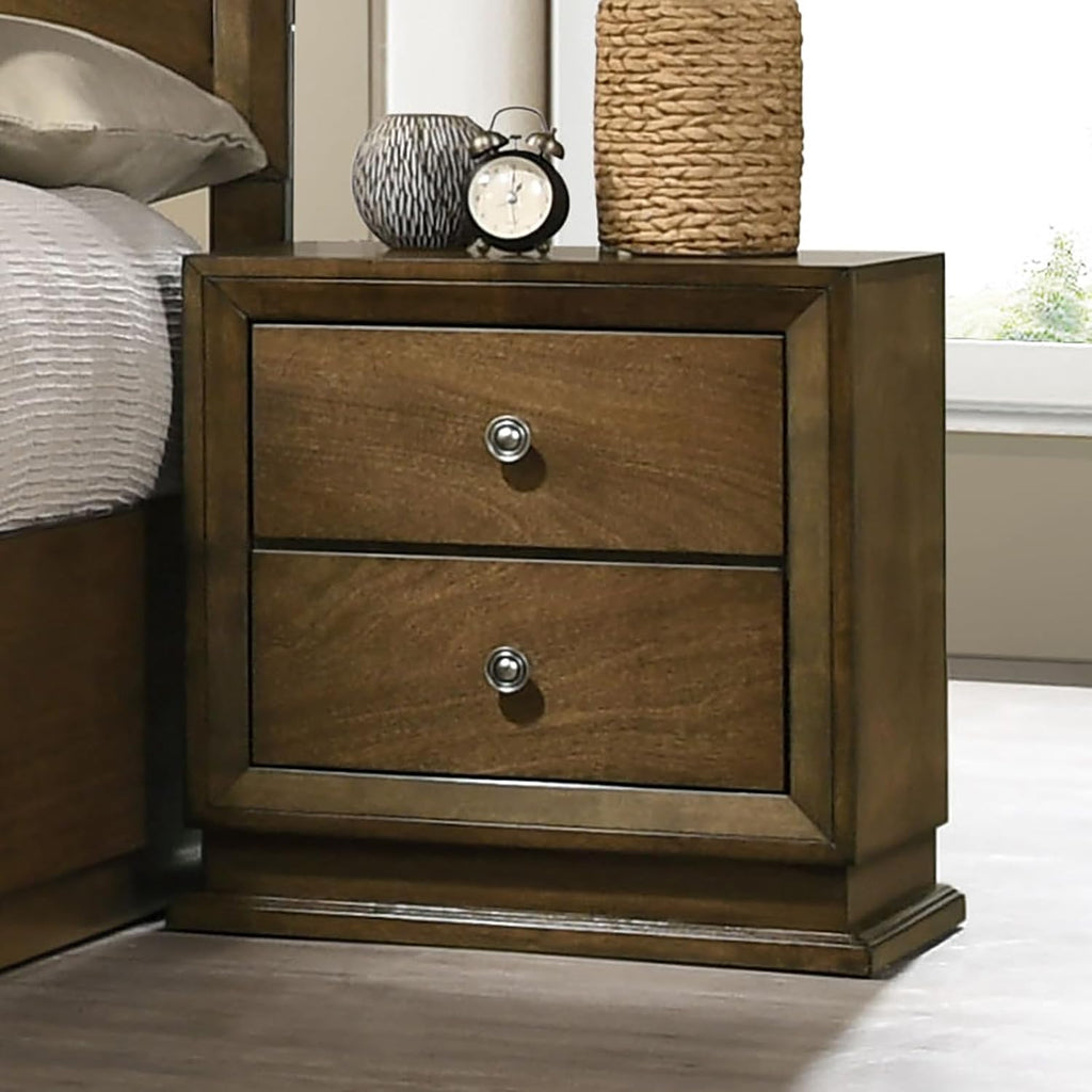 MASARA 3-Piece Transitional Bedroom Set, Walnut Rubberwood with Okume Veneer, Multiple, King/Queen/Full/Twin Bed with 2 Nightstands, Bronze Metal Knobs (Full)